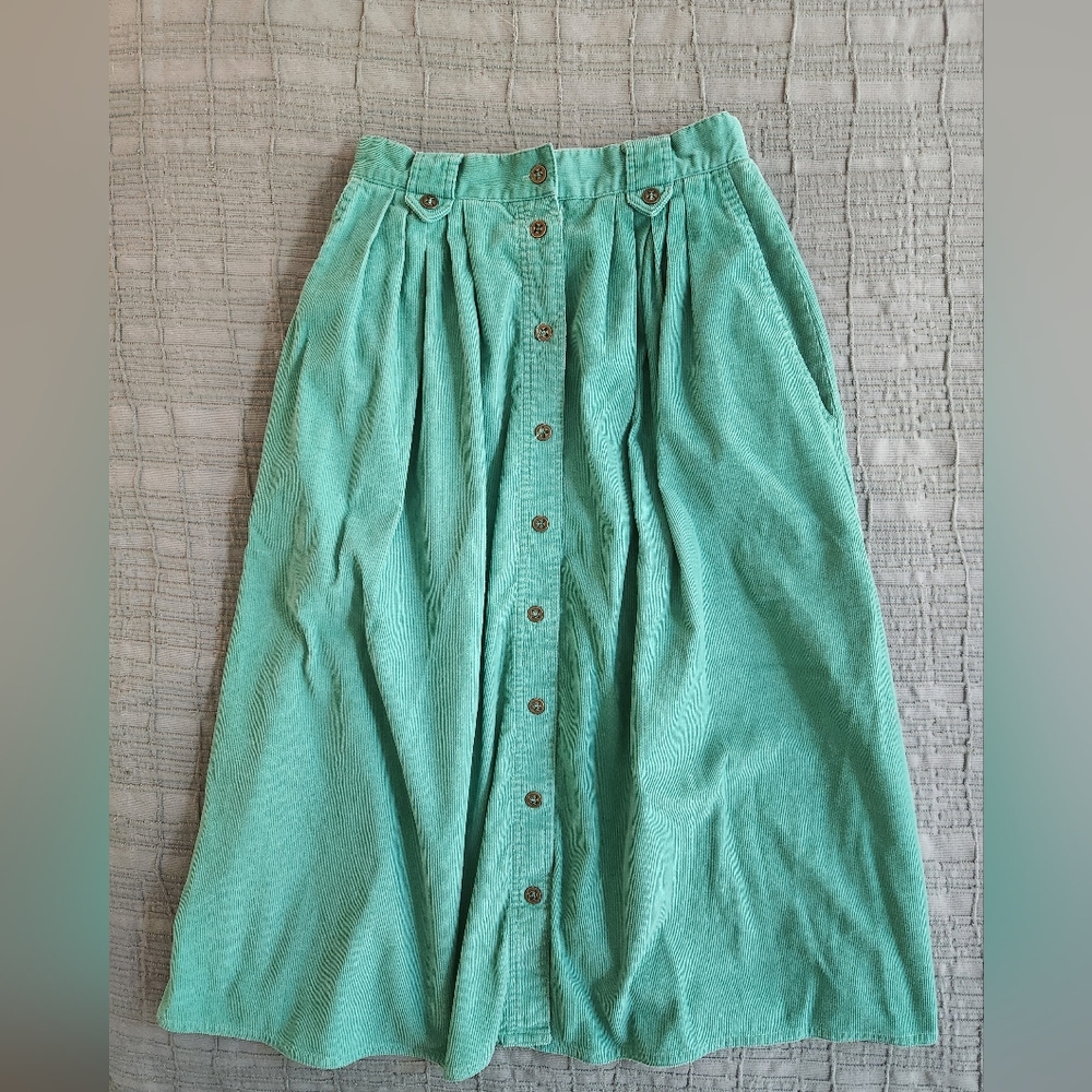1990s Koret Turquoise A-Line Midi Skirt with Button Detail